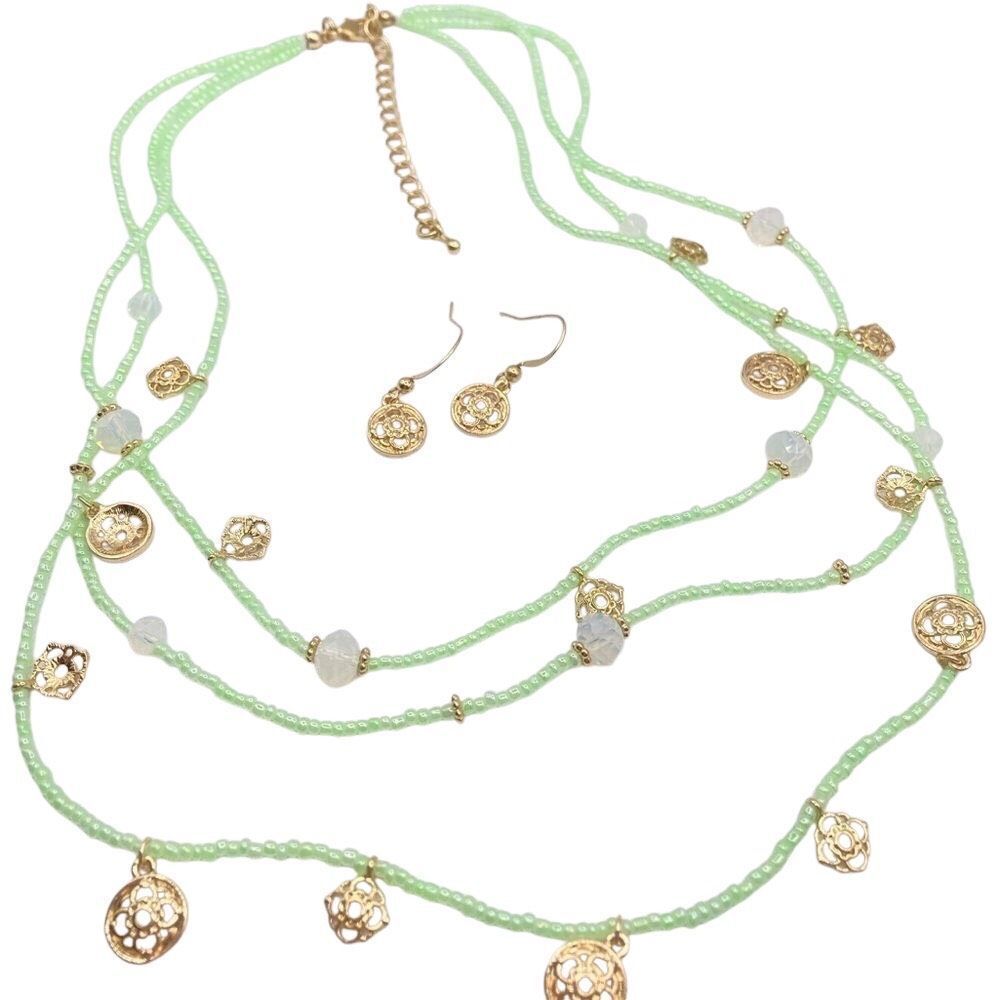 Light Green Seed Bead Layered Necklace Earring Matching Set